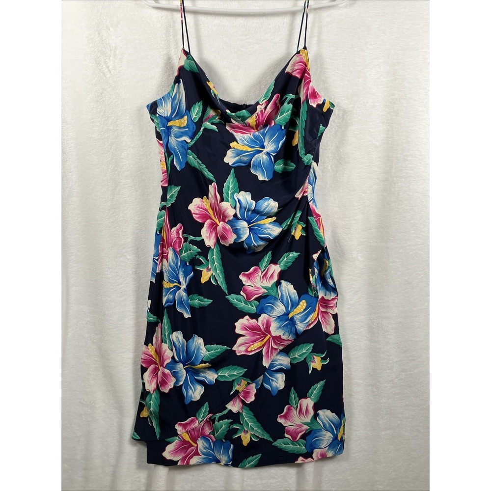 Vintage Ralph Lauren Hawaiian Floral Silk Dress Navy Blue‎ Slip Sheath Spaghetti
